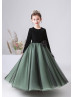 Long Sleeves Black And Green Velvet Tulle Flower Girl Dress